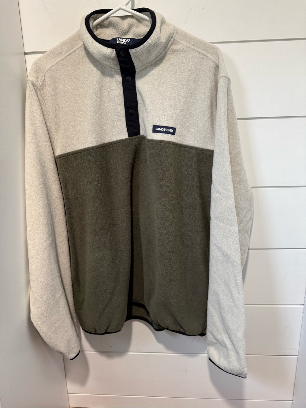 Lands' End Two-Tone Zip-Up Fleece Pullover - Cream & Olive